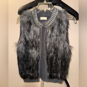 Michael Kors Gray Faux Fur Vest with Silver Chain Detail